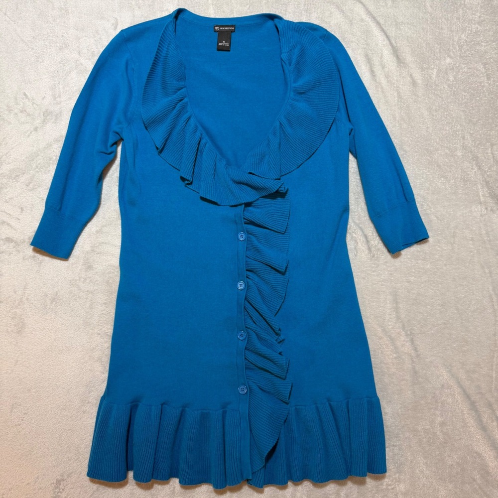 New Directions Turquoise Blue Ruffle Frnt Longline Cardigan Sweater y2k Womens M